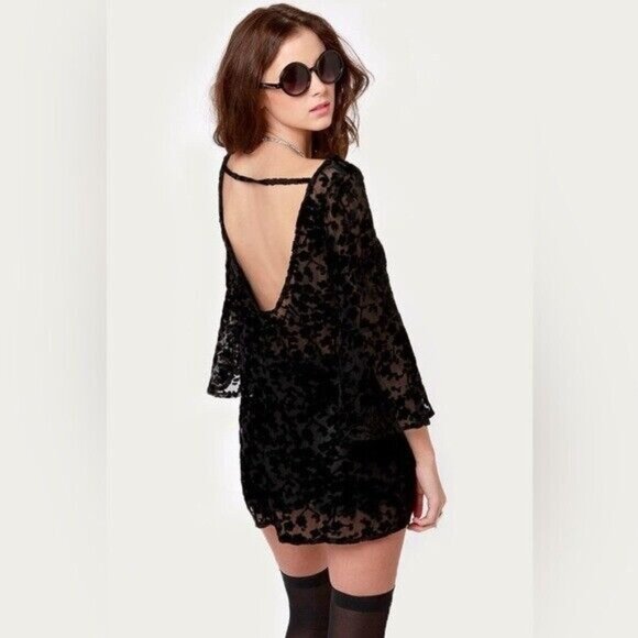 Gypsy Junkies x Free People Black Boho Bell Sleeve Strappy Back Mini Dress Tunic - Picture 9 of 11